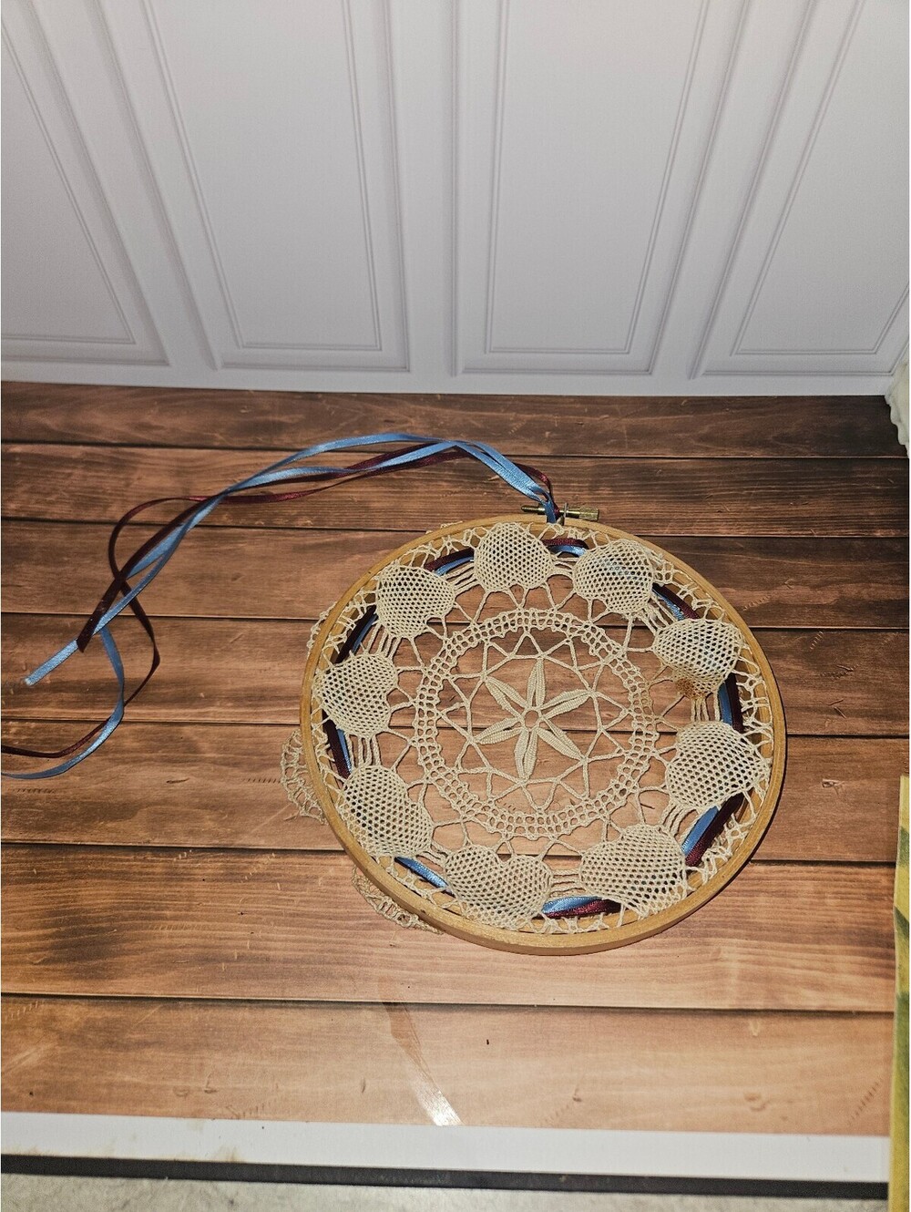 Handmade Crochet Wall Hanging with Wooden Hoop and Ribbon Detail